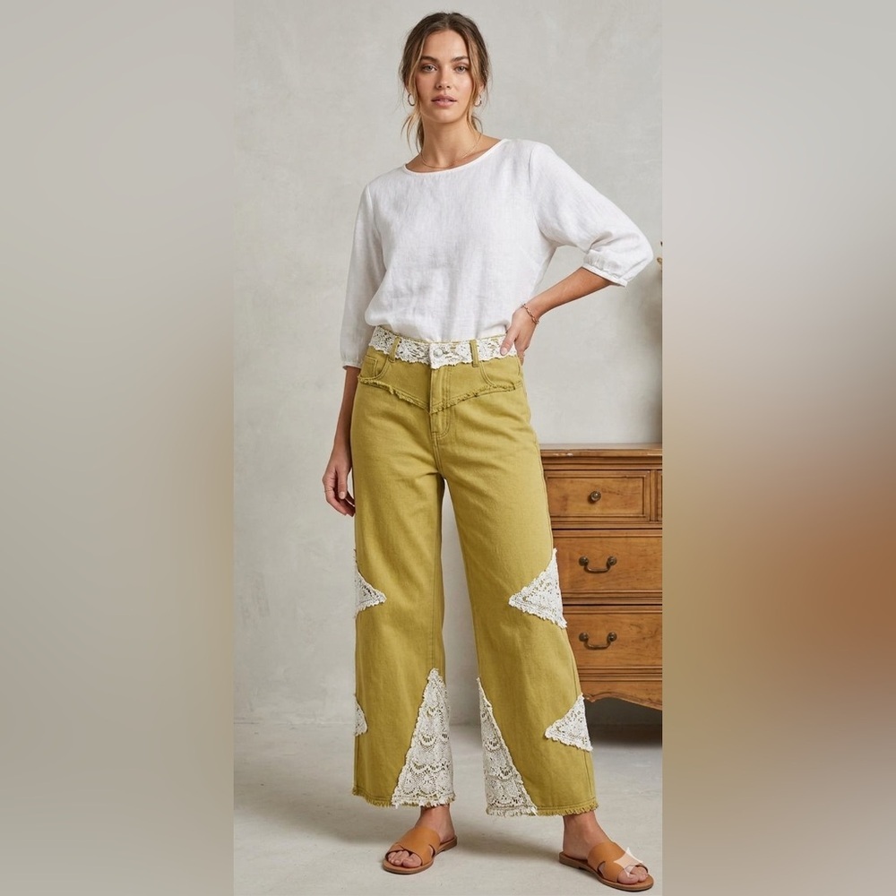 New POL CROCHET TRIM OLIVE PANTS SZ S M L $88 retail
